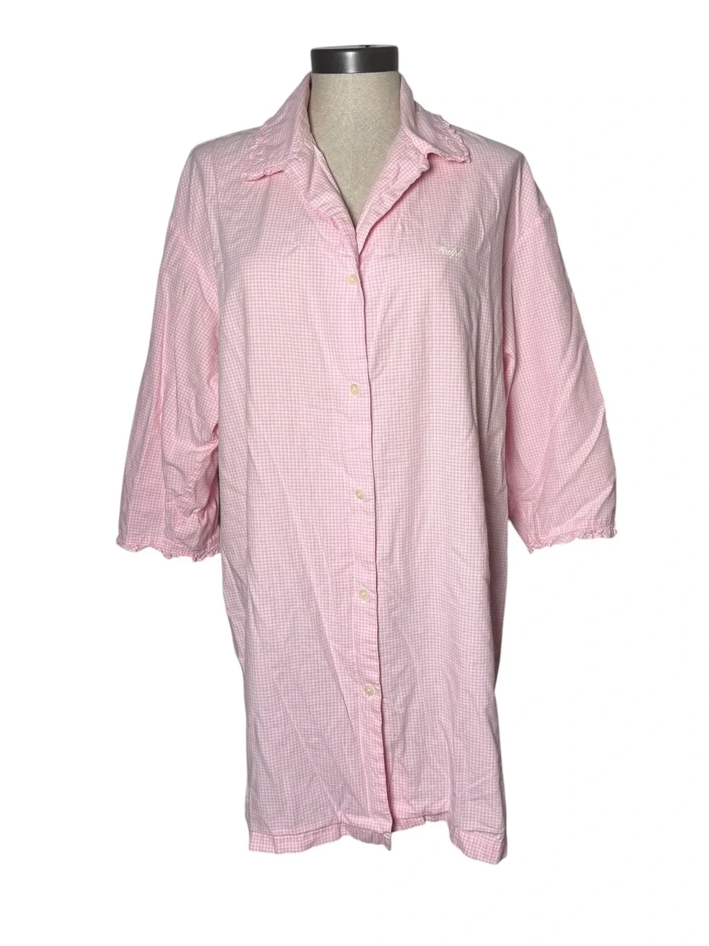 Ralph Lauren Pink Gingham Cotton Sleep Shirt Nightgown Large Ruffle Collar